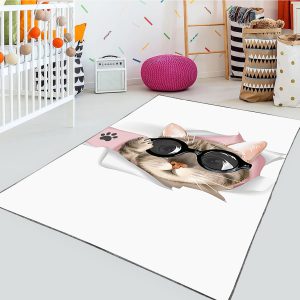 فرش چاپی طرح گربه با عینک آفتابی و زمینه سفید