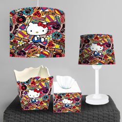 ست چراغ خواب و لوستر و ساعت اتاق دخترانه طرح کیتی با زمینه شلوغ