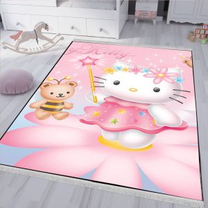 فرش چاپی طرح کیتی و خرسی سه بعدی با زمینه گل صورتی