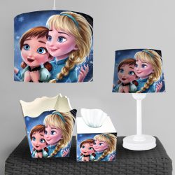 ست لوستر و چراغ خواب و ساعت طرح کودکی السا و آنا با زمینه آبی تیره