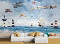 خرید کاغذ دیواری سه بعدی اتاق پسر طرح قایق و هواپیما