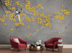 پوستر دیواری طرح درخت شکوفه زرد با زمینه خاکستری