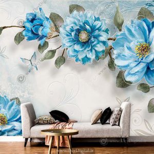 پوستر دیواری گل نقاشی سه بعدی رنگ آبی