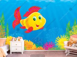 پوستر دیواری کارتونی اتاق کودک طرح ماهی زرد و قرمز زیر دریا