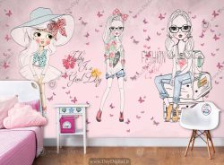پوستر دیواری صورتی دخترانه طرح پرنسسی با پروانه های کوچک