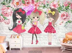 پوستر دیواری اتاق دختر طرح عروسکی پرنسسی با موهای بلند و زمینه گل گلی