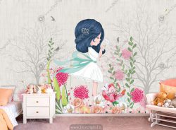 پوستر دیواری دخترانه طرح فرشته کوچولو در بین گل ها