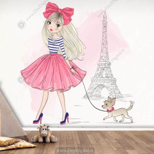 پوستر دیواری اتاق دختر طرح عروسکی پرنسس زیبا با حیوون خانگی خودش