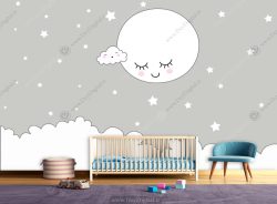 پوستر دیواری اتاق کودک طرح ستاره ای با ماه بزرگو زمینه طوسی