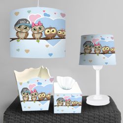 چراغ خواب و ساعت اتاق کودک پسر طرح جوجه جغد ها با زمینه قلب دار آبی