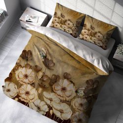 ست روتختی دونفره طرح گل های کرمی و قهوه ای سه بعدی