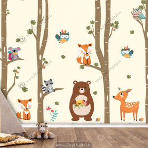 کاغذ دیواری سه بعدی اتاق نوزاد طرح عروسکی حیوانات جنگل