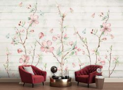 پوستر دیواری شاخه گل و شکوفه های صورتی آبرنگی با زمینه روشن