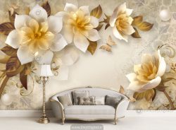 پوستر دیواری سه بعدی گل سفید طلایی BA-6023