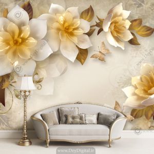 پوستر دیواری سه بعدی گل سفید طلایی BA-6023