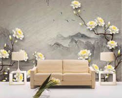 پوستر دیواری طرح شاخه درخت با شکوفه های سفید