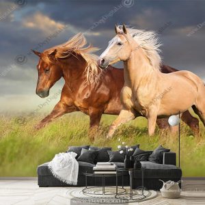 کاغذ دیواری سه بعدی طرح دو اسب زیبا در منظره سبز