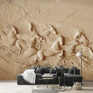 پوستر دیواری سه بعدی گچبری طرح اسب های وحشی