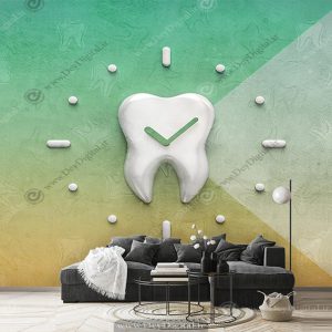پوستر سه بعدی دندانپزشکی تلفیق طرح دندان و ساعت