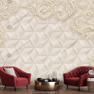 کاغذ دیواری طرح گل طلایی و شش ضلعی