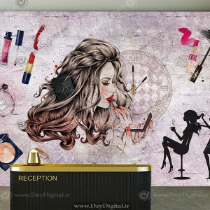 پوستر دیواری سالن زیبایی طرح مدل زن و وسایل آرایشی