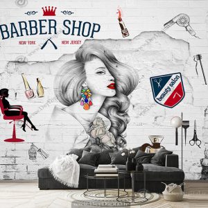 پوستر دیواری طرح مدل میکاپ شده زمینه آجر سفید