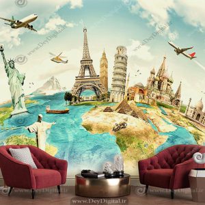 پوستر دیواری آژانس هواپیمایی طرح اماکن دیدنی جهان