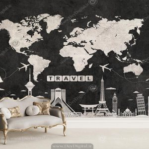 پوستر دیواری آژانس هواپیمایی طرح نقشه و اماکن ایران سیاه سفید