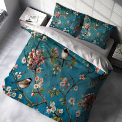 ست روتختی دونفره طرح نقاشی شکوفه های صورتی و پرنده با زمینه آبی
