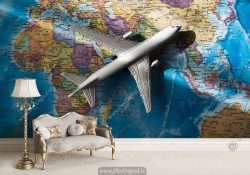 پوستر دیواری مناسب آژانس هواپیمایی با طرح هواپیمای و نقشه جهان