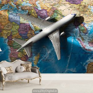 پوستر دیواری مناسب آژانس هواپیمایی با طرح هواپیمای و نقشه جهان