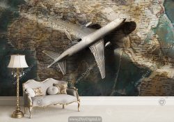 پوستر سه بعدی طرح هواپیما و نقشه دنیا