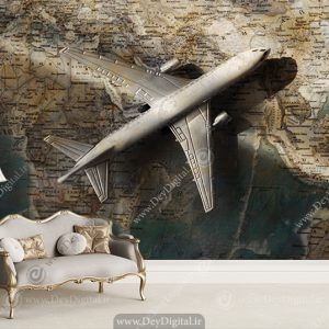 پوستر سه بعدی طرح هواپیما و نقشه دنیا
