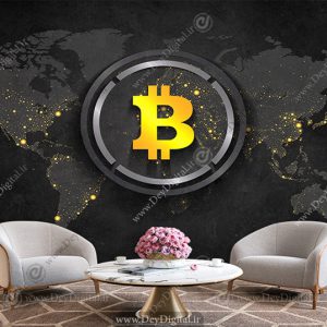 پوستر دیواری مناسب اتاق تریدری با طرح بیت کوین و نقشه طلایی از دنیا