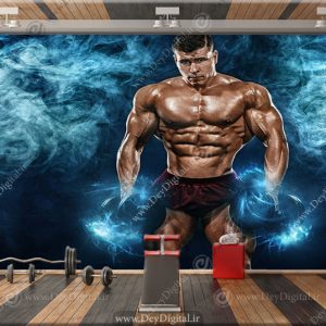کاغذ دیواری سه بعدی طرح فیتنس کار در حال زدن جلوبازو