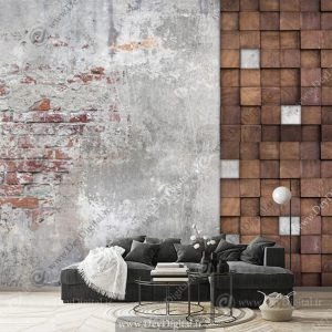 پوستر دیواری مدرن سه بعدی طرح چوب و آجر طوسی