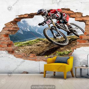 پوستر سه بعدی دوچرخه سوار در حال عبور از دیوار آجری