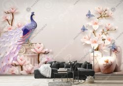 پوستر دیواری سه بعدی طرح گل و طاووس