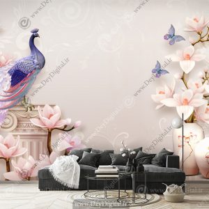 پوستر دیواری سه بعدی طرح گل و طاووس