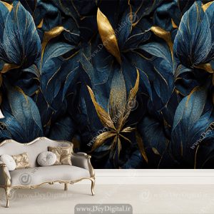 پوستر دیواری سه بعدی لاکچری طرح برگ طلایی سورمه ای