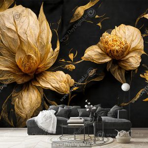 پوستر دیواری گل طلایی لاکچری با زمینه مشکی