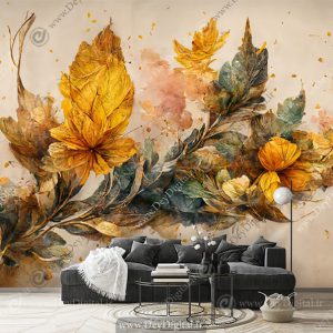 پوستر سه بعدی طرح گل و برگ طلایی لاکچری