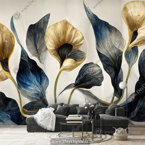 پوستر دیواری سه بعدی گل طلایی با برگ های آبی