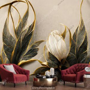 پوستر سه بعدی طرح برگ سبز طلایی لاکچری