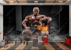 پوستر سه بعدی ورزشکار هیکل عضله ای با دمبل آتشین