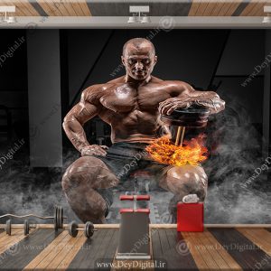 پوستر سه بعدی ورزشکار هیکل عضله ای با دمبل آتشین