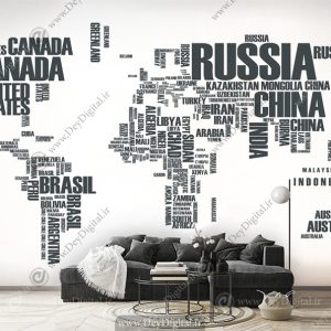 پوستر سه بعدی طرح نقشه جهان با تایپوگرافی