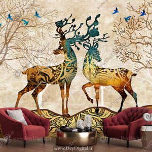 پوستر دیواری سه بعدی فانتزی طرح درخت و گوزن