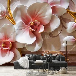 پوستر دیواری طرح سه بعدی گل سفید و صورتی