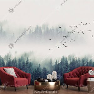 کاغذ دیواری سه بعدی طرح طبیعت نقاشی جنگل در مه